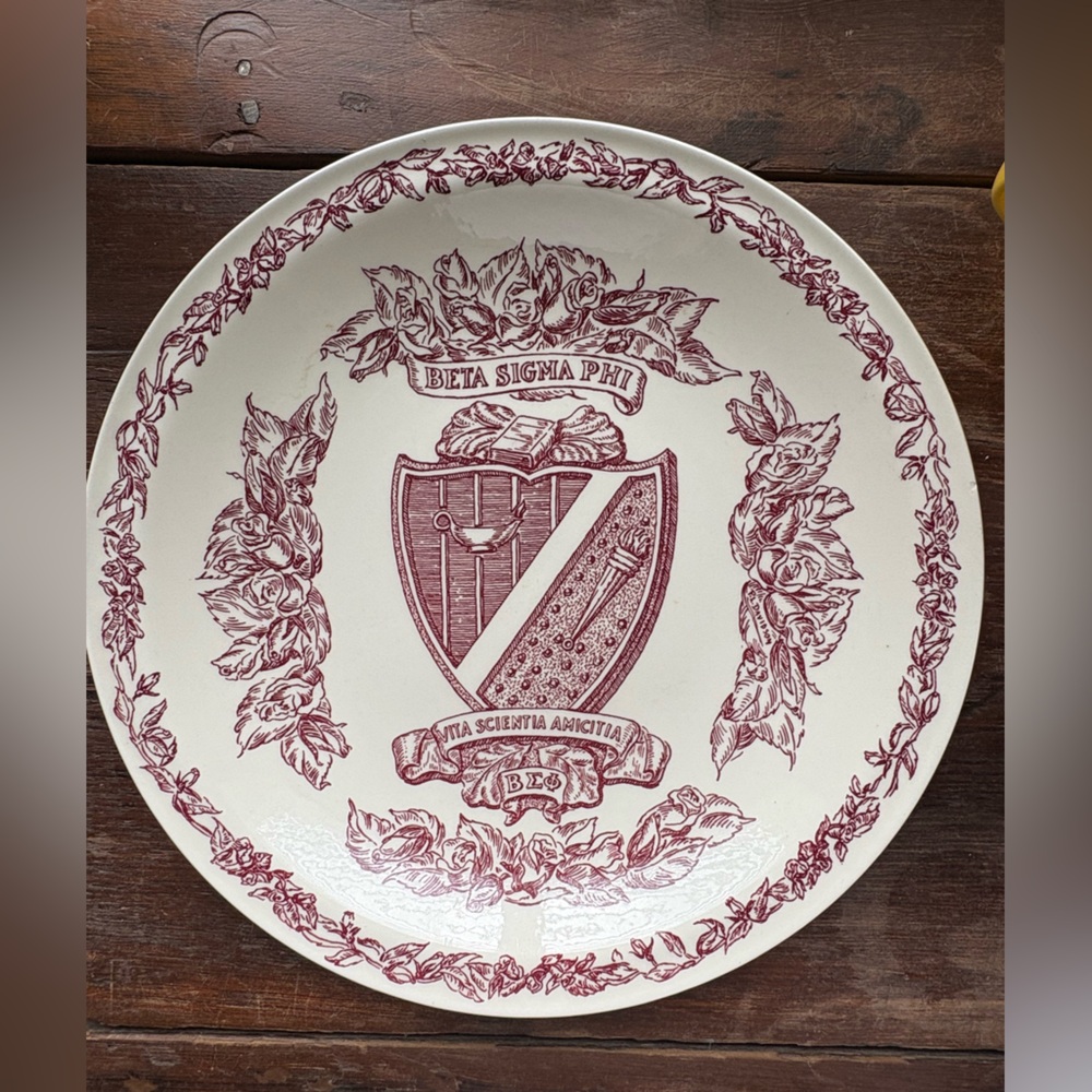 Vintage Beta Sigma Phi plate in deep red by Vernon Kilns